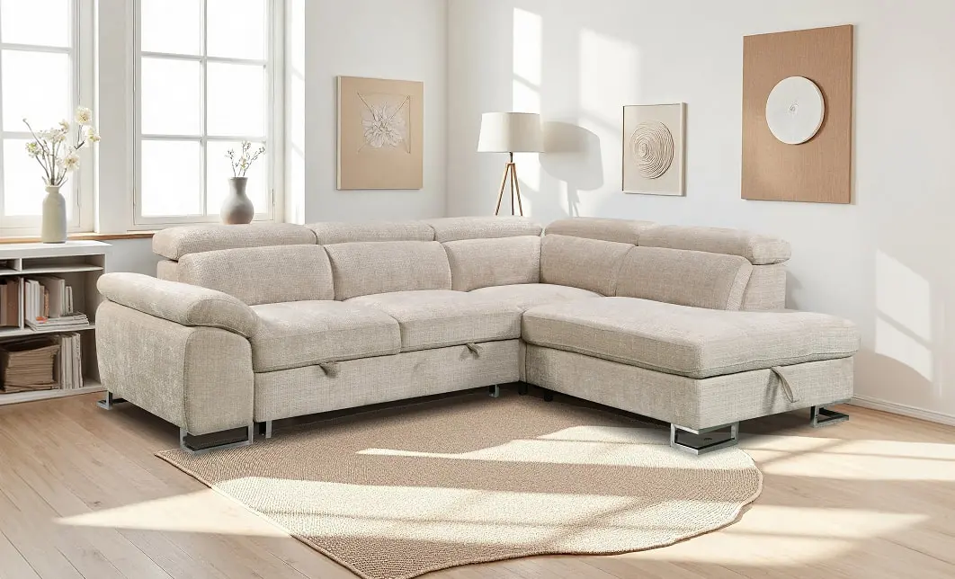 Colțar Extensibil Cremona KF7629 cu Ladă Depozitare, Șezlong Dreapta, Bej