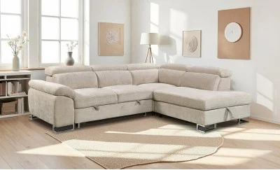 Colțar Extensibil Cremona KF7629 cu Ladă Depozitare, Șezlong Dreapta, Bej