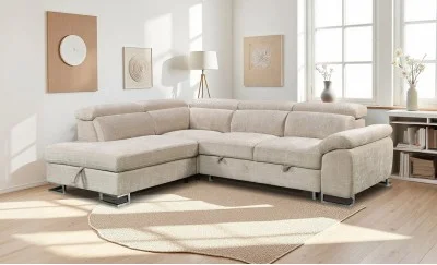 Colțar Extensibil Cremona KF7629 cu Ladă Depozitare, Șezlong Stânga, Bej