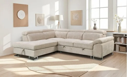 Colțar Extensibil Cremona KF7629 cu Ladă Depozitare, Șezlong Stânga, Bej
