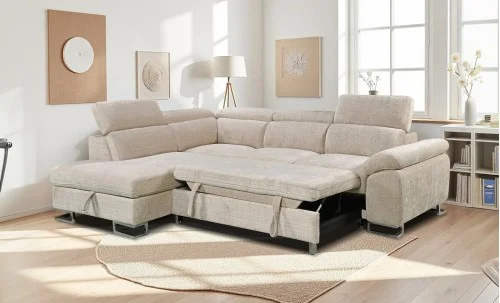 Colțar Extensibil Cremona KF7629 cu Ladă Depozitare, Șezlong Stânga, Bej