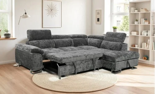 Colțar Extensibil Cremona KF7629 cu Ladă Depozitare, Șezlong Dreapta, Gri