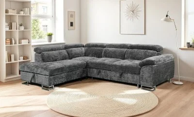 Colțar Extensibil Cremona KF7629 cu Ladă Depozitare, Șezlong Stânga, Gri