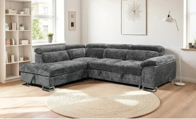 Colțar Extensibil Cremona KF7629 cu Ladă Depozitare, Șezlong Stânga, Gri