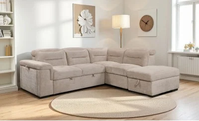 Colțar Extensibil Cremona KF7685 cu Ladă Depozitare, Suport pentru Pahar și Încărcare Wireless, Șezlong Dreapta, Bej