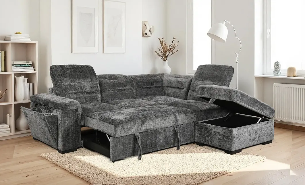 Colțar Extensibil Cremona KF7685 cu Ladă Depozitare, Suport pentru Pahar și Încărcare Wireless, Șezlong Dreapta, Gri 5