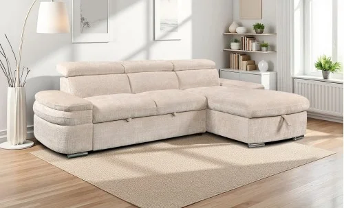 Colțar Extensibil Cremona KF7868 cu 2 Spații Depozitare, Șezlong Dreapta, Bej