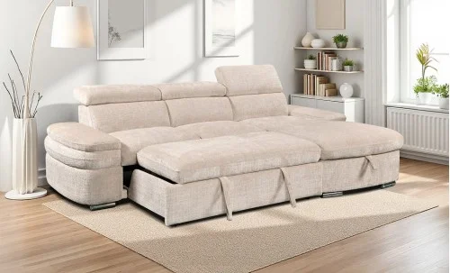 Colțar Extensibil Cremona KF7868 cu 2 Spații Depozitare, Șezlong Dreapta, Bej