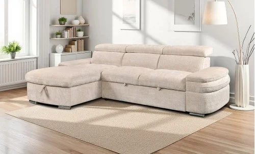 Colțar Extensibil Cremona KF7868 cu 2 Spații Depozitare, Șezlong Stânga, Bej