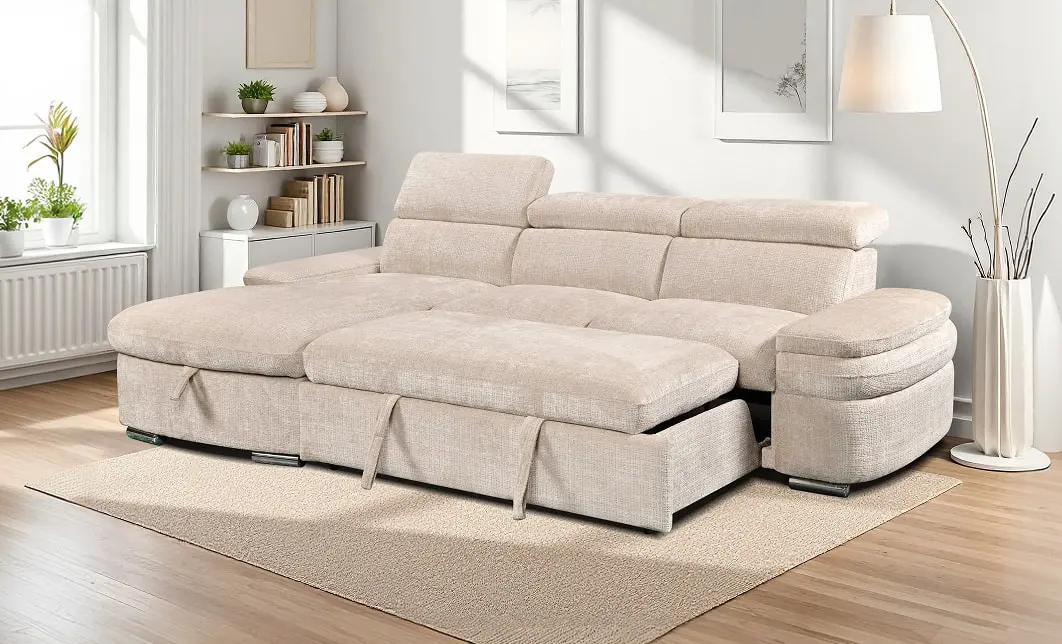 Colțar Extensibil Cremona KF7868 cu 2 Spații Depozitare, Șezlong Stânga, Bej 5