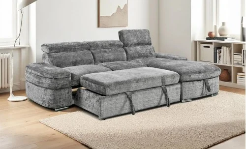 Colțar Extensibil Cremona KF7868 cu 2 Spații Depozitare, Șezlong Dreapta, Gri