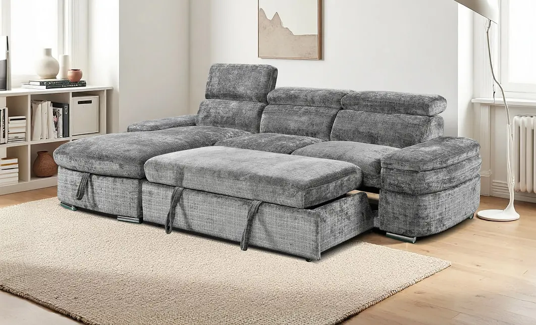 Colțar Extensibil Cremona KF7868 cu 2 Spații Depozitare, Șezlong Stânga, Gri 1