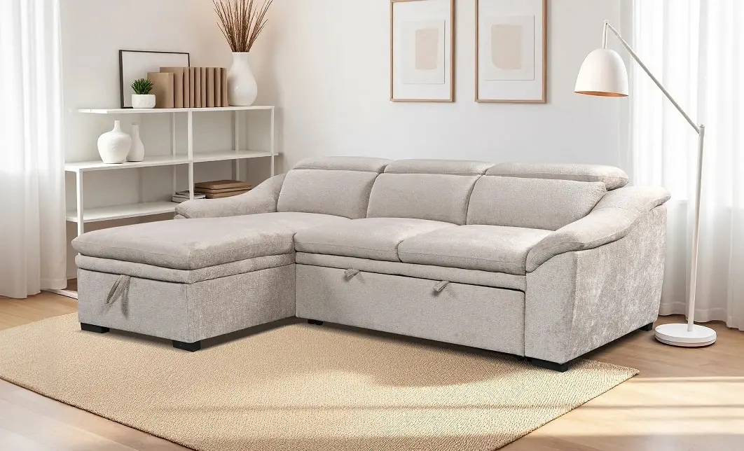 Colțar Extensibil Harmony KF7489 cu Ladă Depozitare, Șezlong Stânga, Gri Deschis
