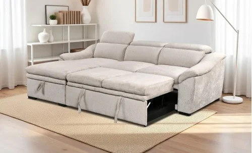 Colțar Extensibil Harmony KF7489 cu Ladă Depozitare, Șezlong Stânga, Gri Deschis