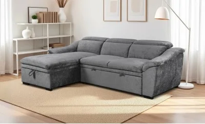 Colțar Extensibil Harmony KF7489 cu Ladă Depozitare, Șezlong Stânga, Gri Închis