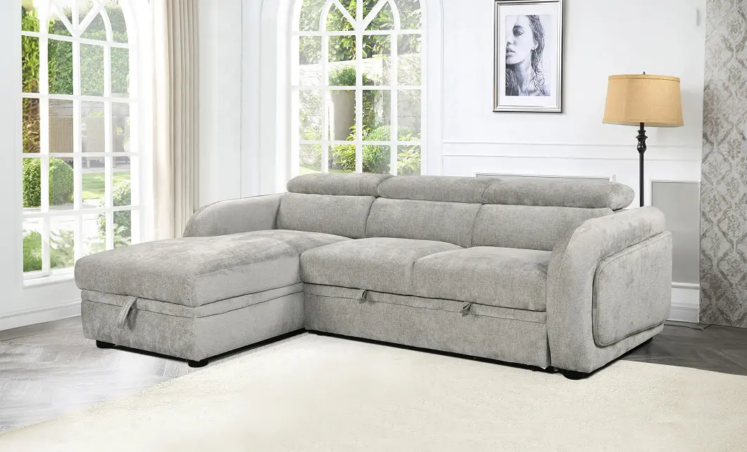 Colțar Extensibil Harmony KF7908 cu Ladă Depozitare, Șezlong Stânga, Gri Deschis