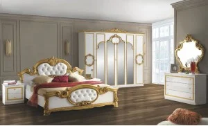 Dormitor Clasic Barocco Bianco Gold cu Saltea, Somieră și Dulap 6 Uși Incluse