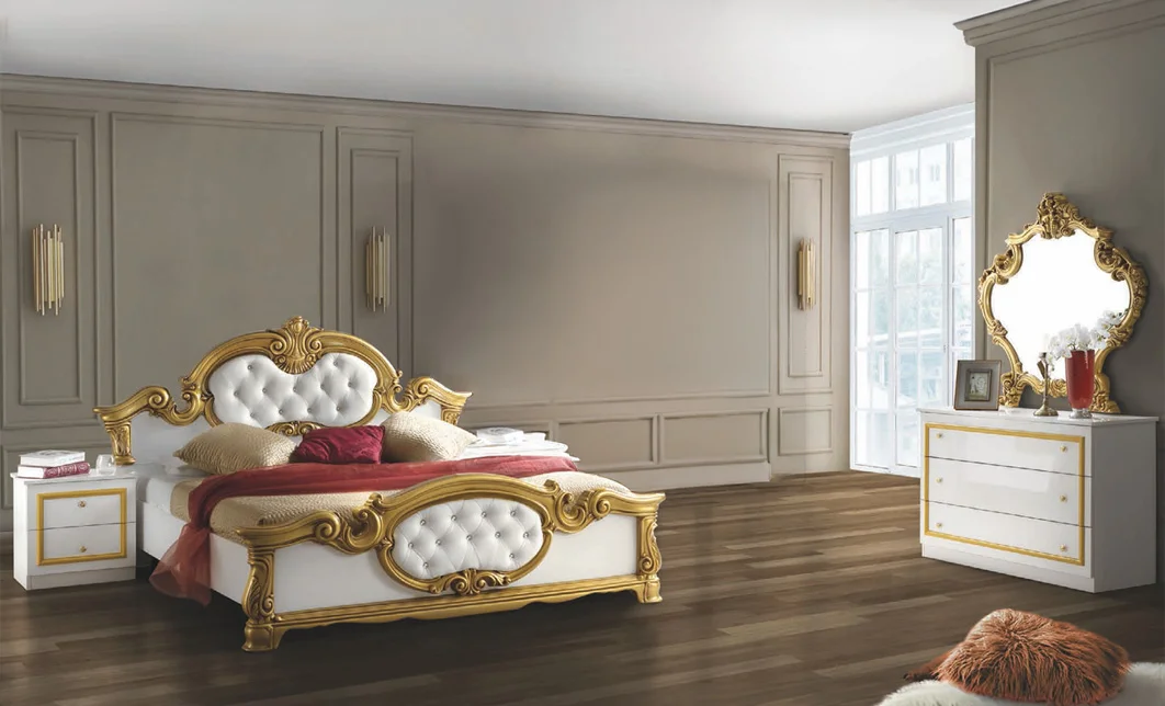 Dormitor Clasic Barocco Bianco Gold cu Dulap 4 Uși