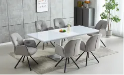 Set Masă Living Extensibilă KJT381 Alb cu 6 Scaune KJC80 Gri