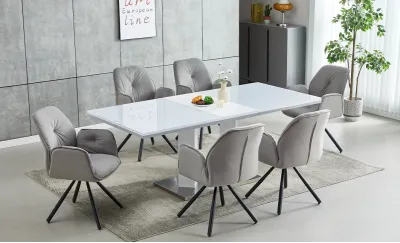 Set Masă Living Extensibilă KJT381 Alb cu 6 Scaune KJC80 Gri