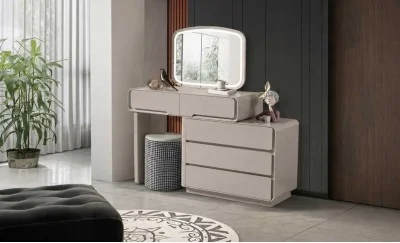 Măsuță Toaletă T6065 Gri Olive Extensibilă cu 3 culori LED și Oglindă