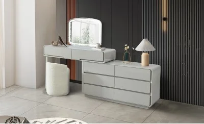Măsuță Toaletă T6068 Gri Olive Extensibilă cu 3 culori LED și Oglindă