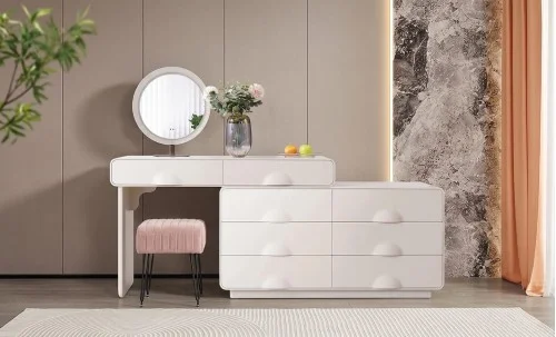 Măsuță Toaletă T636-8 Albă Extensibilă cu 3 culori LED și Oglindă