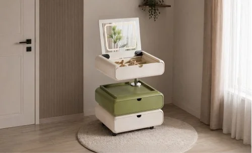 Măsuță Toaletă Ajustabilă pe Înălțime T680-3 Albă / Verde Extensibilă cu 3 culori LED și Oglindă Reglabilă