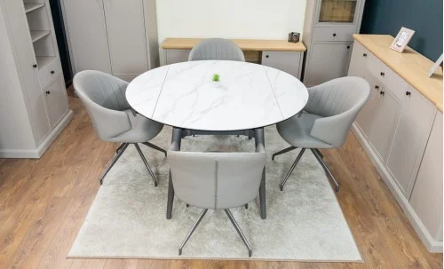 Set Masă Living Extensibilă CT106 Blat Ceramic Alb cu 4 Scaune CY815 Gri
