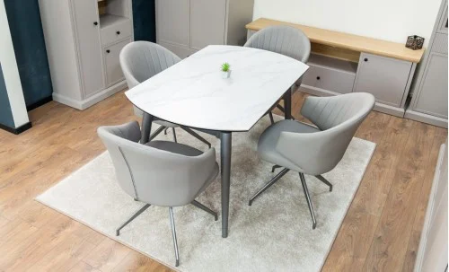 Set Masă Living Extensibilă CT106 Blat Ceramic Alb cu 4 Scaune CY815 Gri