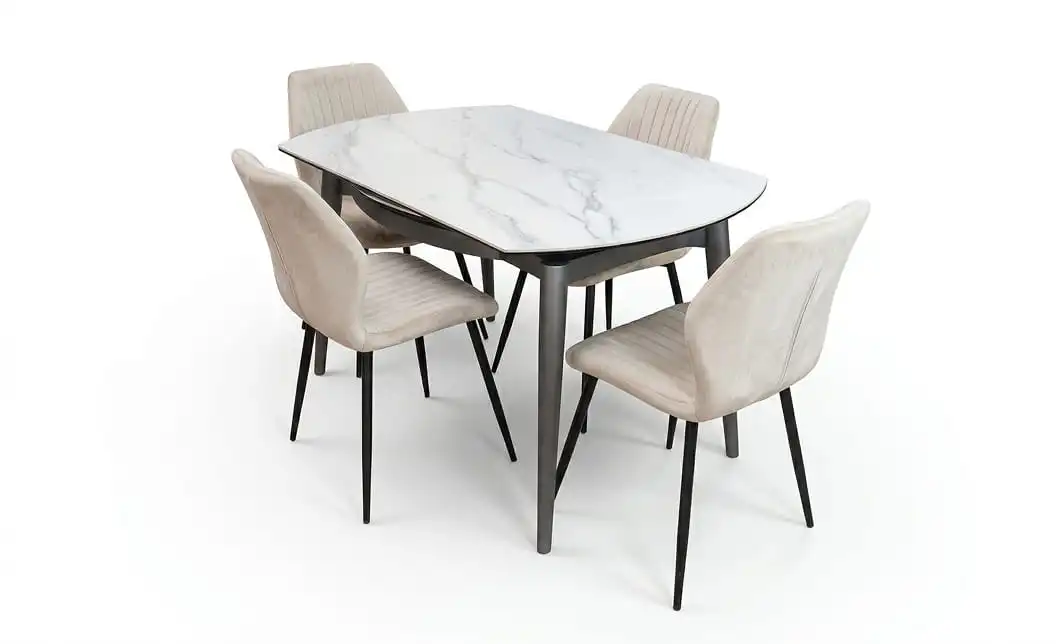 Set Masă Living Extensibilă CT106 Blat Ceramic Alb cu 4 Scaune Tapițate KJC104 Bej 1