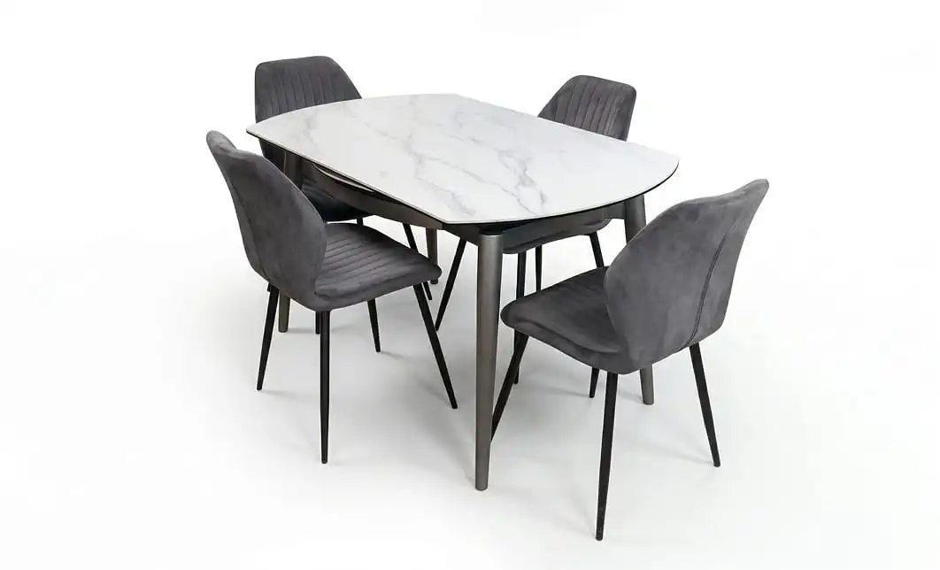 Set Masă Living Extensibilă CT106 Blat Ceramic Alb cu 4 Scaune Tapițate KJC104 Gri 1