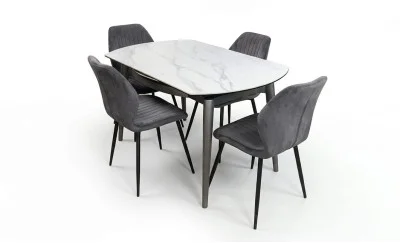 Set Masă Living Extensibilă CT106 Blat Ceramic Alb cu 4 Scaune Tapițate KJC104 Gri