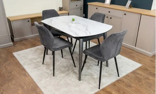 Set Masă Living Extensibilă CT106 Blat Ceramic Alb cu 4 Scaune Tapițate KJC104 Gri