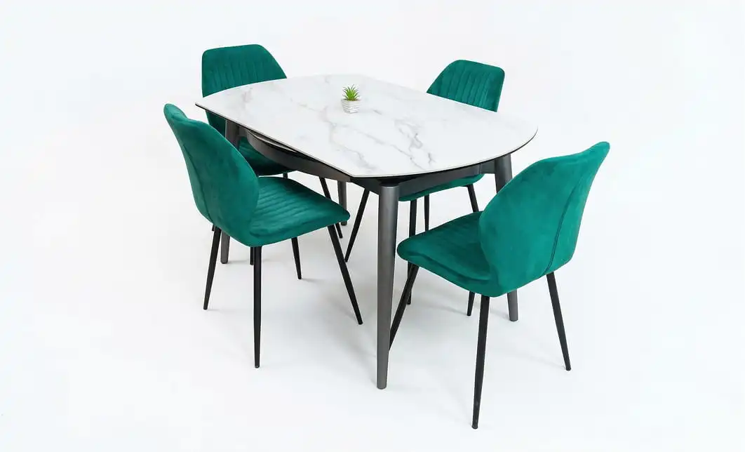 Set Masă Living Extensibilă CT106 Blat Ceramic Alb cu 4 Scaune Tapițate KJC104 Verzi 1