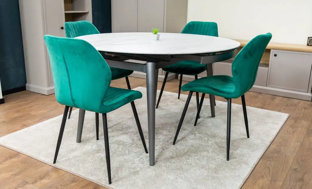 Set Masă Living Extensibilă CT106 Blat Ceramic Alb cu 4 Scaune Tapițate KJC104 Verzi 5