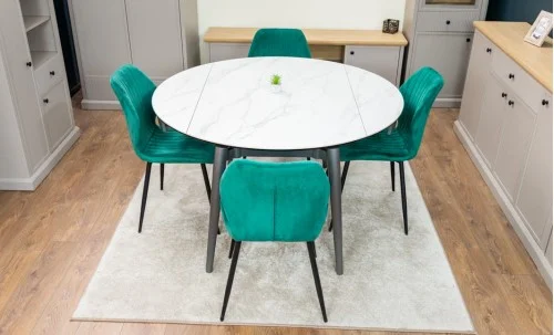 Set Masă Living Extensibilă CT106 Blat Ceramic Alb cu 4 Scaune Tapițate KJC104 Verzi