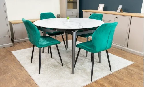 Set Masă Living Extensibilă CT106 Blat Ceramic Alb cu 4 Scaune Tapițate KJC104 Verzi