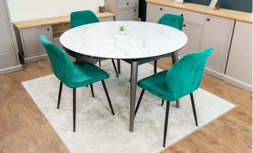 Set Masă Living Extensibilă CT106 Blat Ceramic Alb cu 4 Scaune Tapițate KJC104 Verzi