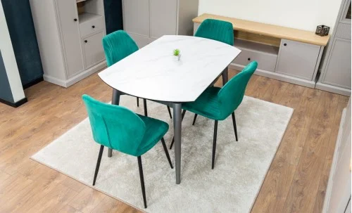 Set Masă Living Extensibilă CT106 Blat Ceramic Alb cu 4 Scaune Tapițate KJC104 Verzi