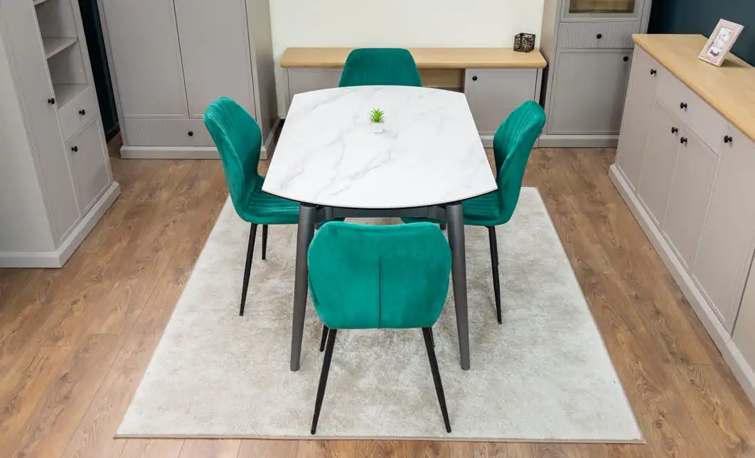 Set Masă Living Extensibilă CT106 Blat Ceramic Alb cu 4 Scaune Tapițate KJC104 Verzi