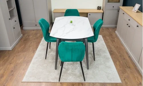 Set Masă Living Extensibilă CT106 Blat Ceramic Alb cu 4 Scaune Tapițate KJC104 Verzi