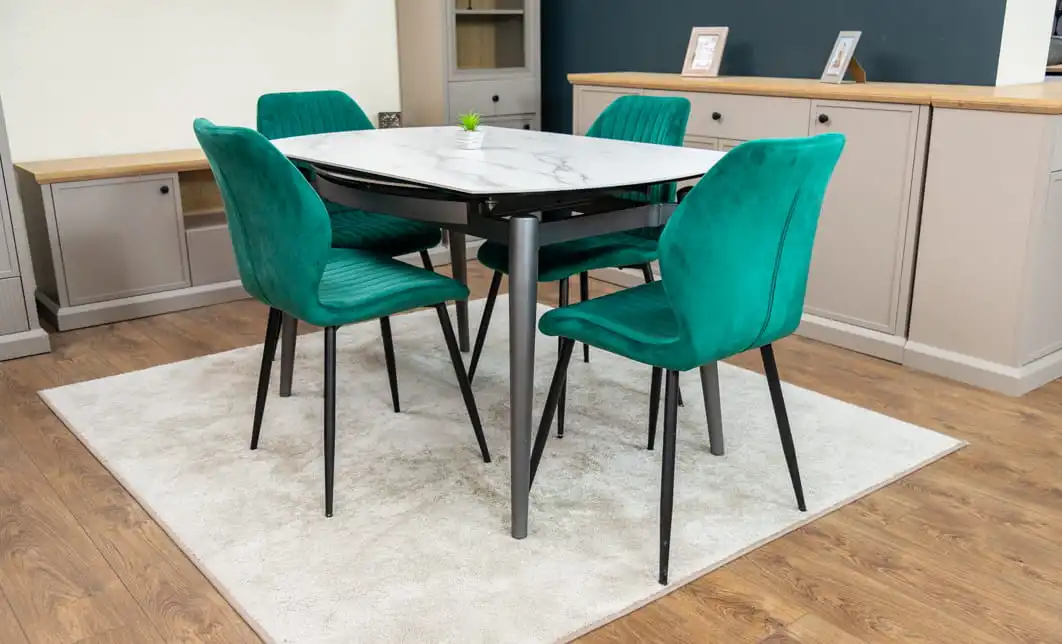 Set Masă Living Extensibilă CT106 Blat Ceramic Alb cu 4 Scaune Tapițate KJC104 Verzi 3