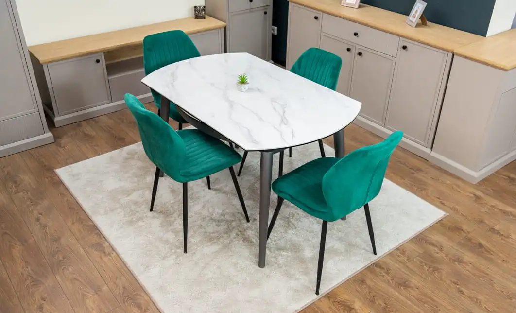 Set Masă Living Extensibilă CT106 Blat Ceramic Alb cu 4 Scaune Tapițate KJC104 Verzi 2