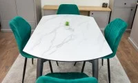 Set Masă Living Extensibilă CT106 Blat Ceramic Alb cu 4 Scaune Tapițate KJC104 Verzi