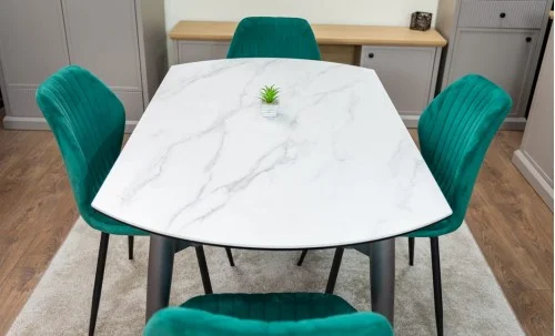 Set Masă Living Extensibilă CT106 Blat Ceramic Alb cu 4 Scaune Tapițate KJC104 Verzi