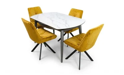 Set Masă Living Extensibilă CT106 Blat Ceramic Alb cu 4 Scaune Tapițate KJC356 Galbene