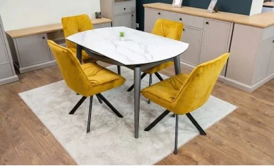 Set Masă Living Extensibilă CT106 Blat Ceramic Alb cu 4 Scaune Tapițate KJC356 Galbene