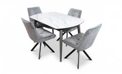 Set Masă Living Extensibilă CT106 Blat Ceramic Alb cu 4 Scaune Tapițate KJC356 Gri