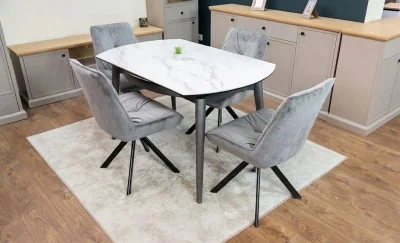 Set Masă Living Extensibilă CT106 Blat Ceramic Alb cu 4 Scaune Tapițate KJC356 Gri